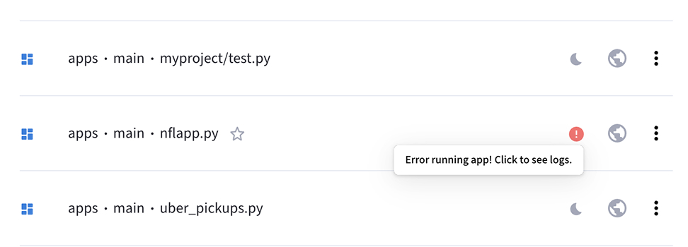 Deployed apps list with error status