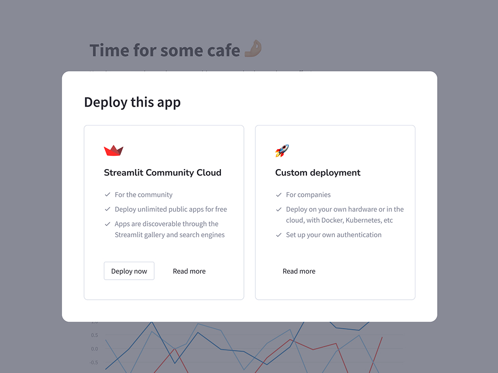 Deploy this app modal with Streamlit Community Cloud and custom deployment options