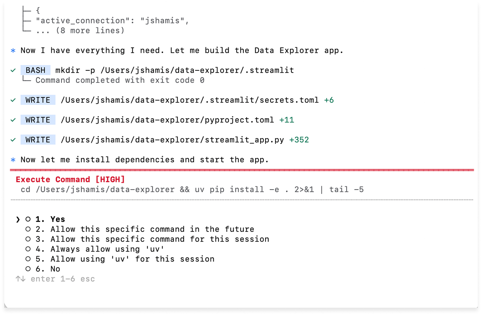 Developer confirmation prompt before executing a high-risk command