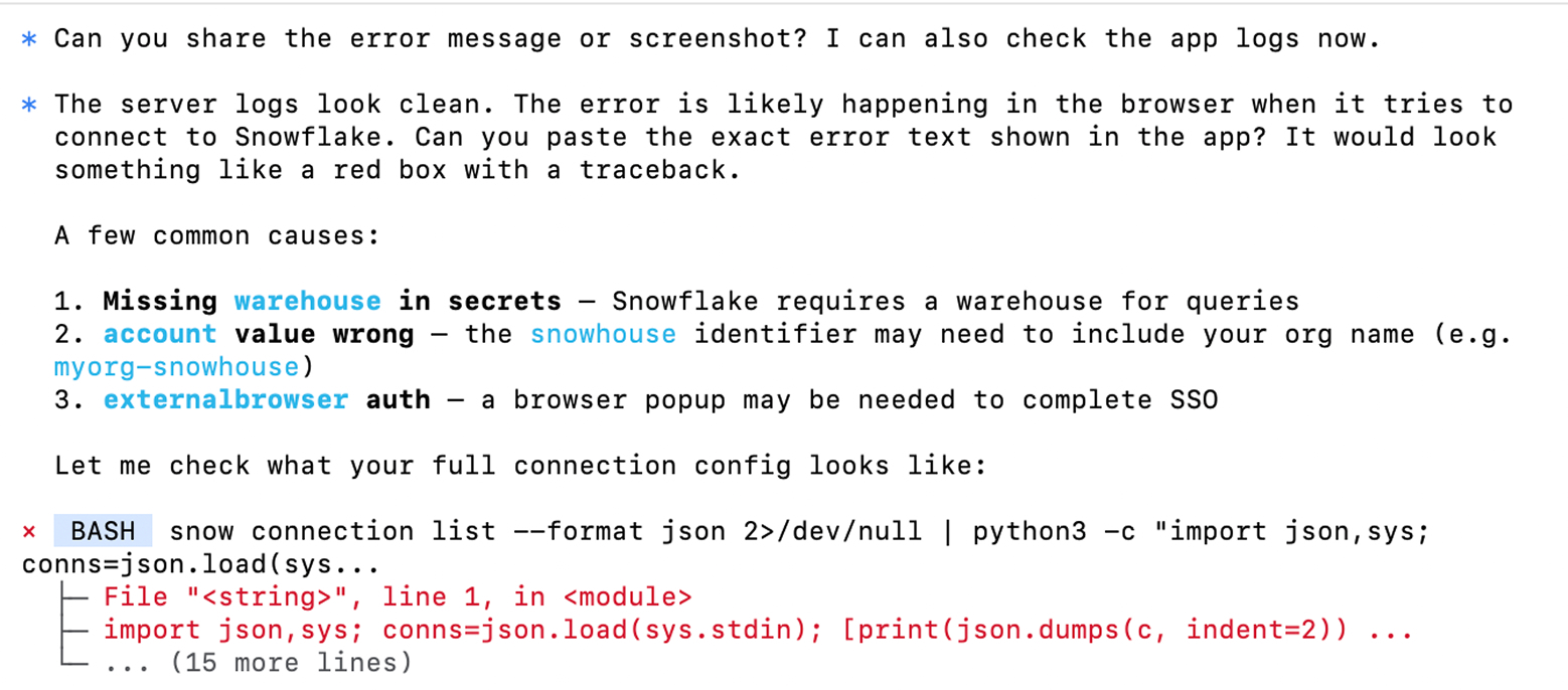 Cortex Code surfacing troubleshooting steps, bash output, and error tracebacks in the terminal