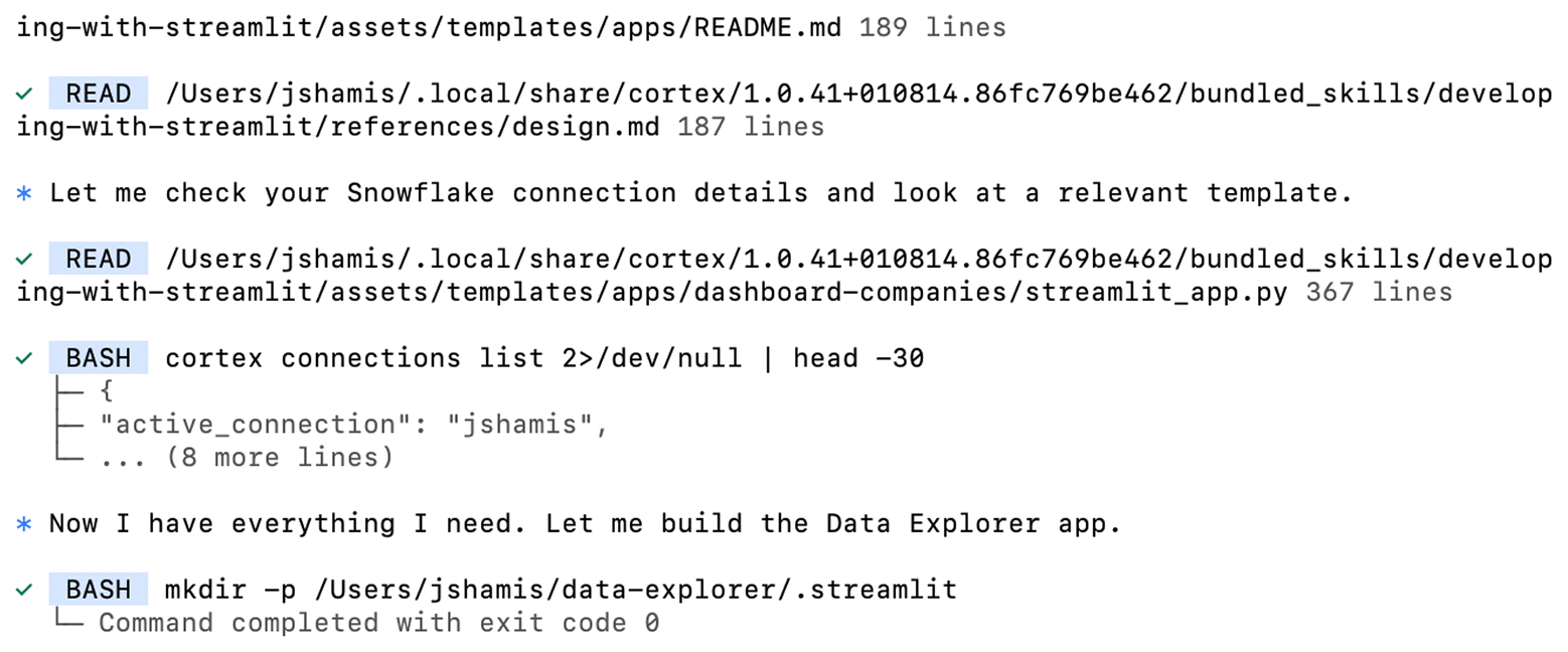 Cortex Code showing file reads, agent reasoning, and bash commands in the terminal
