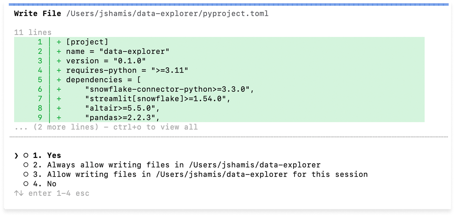 Developer confirmation prompt before writing a file