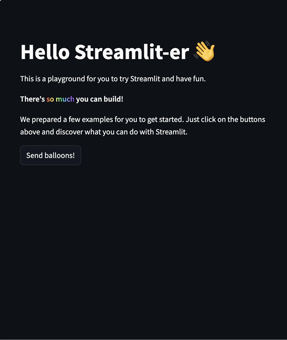 Streamlit app preview showing Hello Streamlit-er